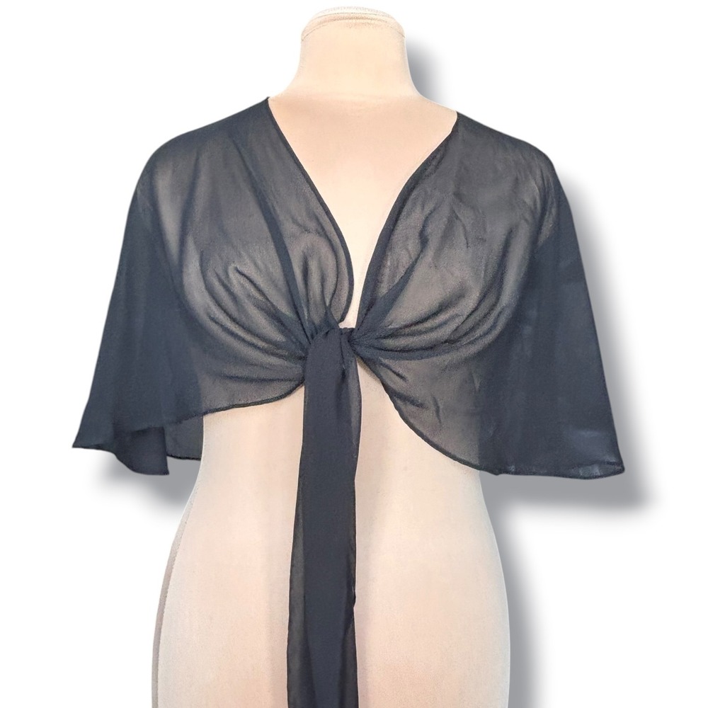 Alex Evenings Black Chiffon Tie Front Shrug Bolero Sheer Flutter Sleeve Wrap